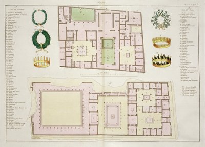 Planer för House of the Questor och House of the Faun, Pompeji, skylt 25A, klass 5 från del I av Nationernas historia (akvatint) av Italian School