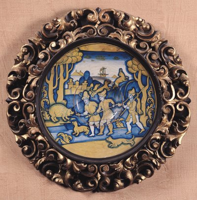 Tallrik dekorerad med en jaktscen, Deruta Workshop, c.1540-45 (maiolica) av Italian School