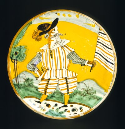 Tallrik föreställande en mansfigur, Monte Lupo Workshop (glaserad och målad lera) av Italian School