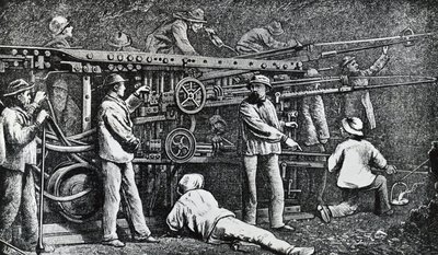 Pneumatisk bergborrmaskin skapad av Giovanni Battista Piatti och fulländad av Germano Sommeiller (1815-1871), gravering Italien av Italian School