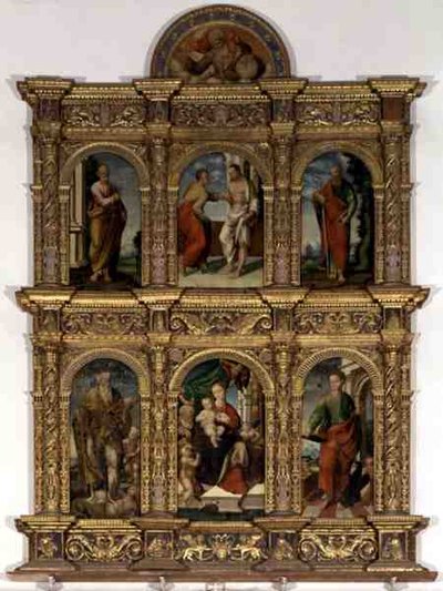 Polyptyk som visar Madonnan och barnet med helgon (olja på panel) av Italian School
