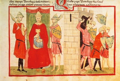 Papa Boniface VIII huko Anagni na kufukuzwa kwa Sciarra Colonna (Giacomo Colonna) kutoka kwa jiji, miniature kutoka kwa Mambo ya Nyakati ya Giovanni Villani, muswada wa Chigi L VIII 296 folio 176 recto, Italia Karne ya 14.swed av Italian School