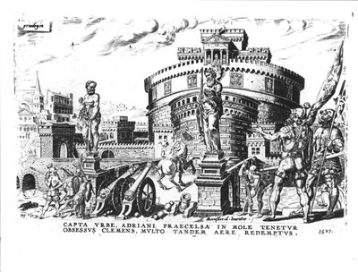 Påven Clemens VII (1478-1534) hålls belägrad av Karl V (1500-58) högt i Hadrianus torn, 1527 av Italian School