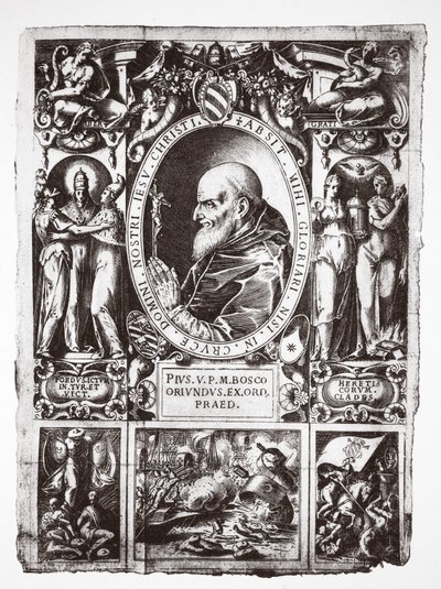Påven Pius V, med vinjetter från slaget vid Lepanto, från Vita del Gloriosissimo Papa Pio Quinto, pub. 1586 av Italian School