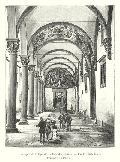 Portico of the Foundling Hospital, av Brunelleschi, Fresker av Poccetti (gravyr) av Italian School