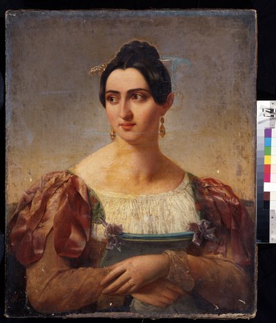 ""Porträtt av en kvinna"" (Kvinnoporträtt) Ung kvinna från den italienska adeln, klädd i en klänning med band på axlarna. Målning av den italienska skolan från början av 1800-talet. Pushkin-museet, Moskva av Italian School