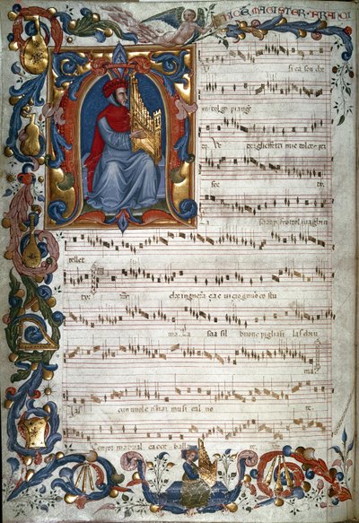 Porträtt av Francesco Landino och ett musikaliskt partitur, illustration från "The Squarcialupi Codex", c.1325-35 av Italian School