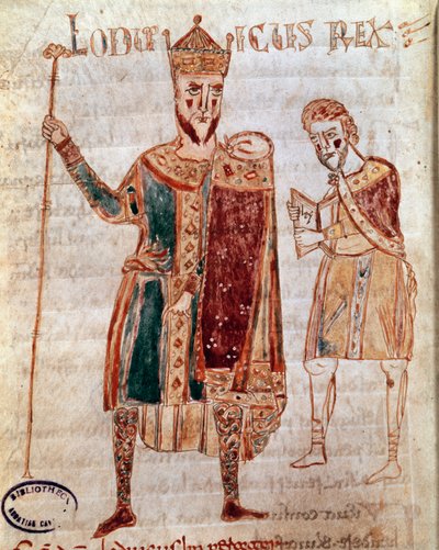 Porträtt av Ludvig I den fromme (778-840), Frankrikes kung Manuskriptsida (ms. 4) "Codex Legum Longobardorum" (eller Langobardorum) som beskriver lagarna i det langobardiska riket som upprättats av kung Rothari av Italian School