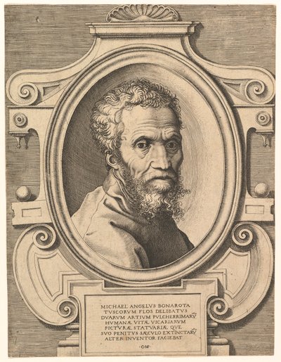 Porträtt av Michelangelo, pub. C1564. av Italian School