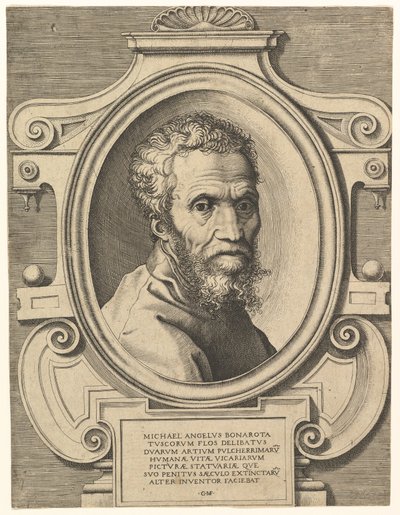 Porträtt av Michelangelo, pub. C. 1564 (gravyr) av Italian School