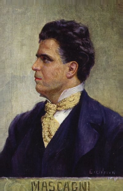 Porträtt av Pietro Mascagni (färglitografi) av Italian School