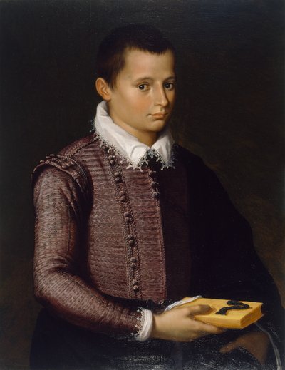 Porträtt av en pojke som håller en bok (olja på lindträpanel) av Italian School
