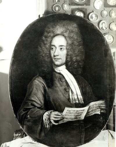 Porträtt av kompositören Tomaso Giovanni Albinoni (1671-1751) håller ett partitur av Italian School