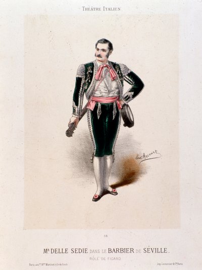 Porträtt av sångaren Enrico delle Sedia i "Barberen i Sevilla", av Gioachino Rossini (färg litho) av Italian School