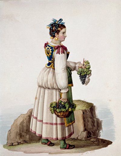 Porträtt av ung kvinna från Capri, i traditionell klädsel, som håller vindruvor - (Gammal handel: ung kvinna från Capri, håller vindruvor) Akvarell 1800-talets Museo Nazionale di San Martino Neapel av Italian School