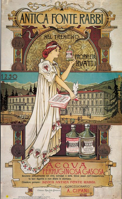 Affisch med reklam för medicinskt vatten från Antica Fonte di Rabbi i Trentino av Italian School