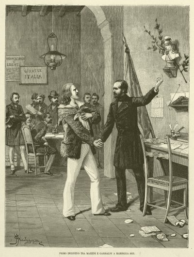 Första mötet mellan Mazzini och Garibaldi i Marseille 1833 (gravyr) av Italian School