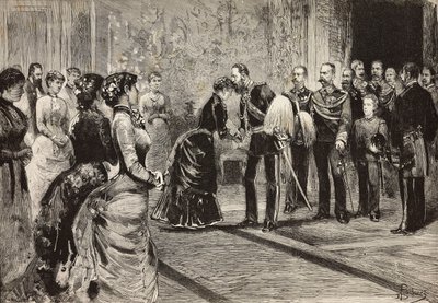 Drottning Margherita och Umberto I tar emot kronprinsen av Tyskland (blivande Fredrik III) i Quirinale, Rom, Italien, gravyr från teckning av Dante Paolocci, från L