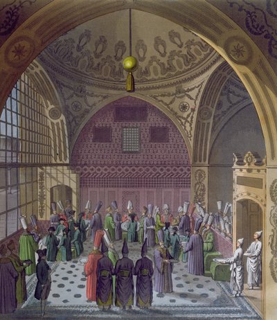 Mottagande av de västra ambassadörerna av sultanens storvesir i Konstantinopel, ca 1820 (färgstick) av Italian School