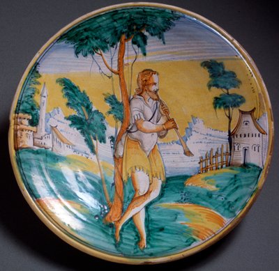 Renässanskonst: tallrik dekorerad av en flöjtspelare (En flöjtspelare) - Slutet av 1500-talets produktion av Viterbo (Viterbo), Italien Florens, Museo Nazionale del Bargello av Italian School