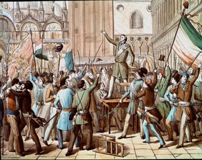 Representation av Daniele Manin (1808-1857), politiker som ledde revolutionen i Venedig mot den österrikiska närvaron 1848: proklamationen av den venetianska republiken i mars 1848. (Proklamationen av den venetianska republiken i mars 1848, med en represen av Italian School