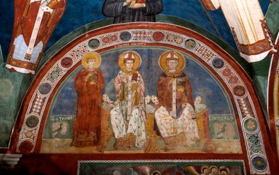 Representation av Saint Stephen, kristen martyr, Saint Thomas Becket (1118-1170), ärkebiskop av Canterbury och Saint Nicholas av Myra eller Bari (270-345) Anonym fresk (1200-talet) Nedre kyrka. Klostret Saint Benedetto (Sacro Speco), Subiaco (Rom av Italian School