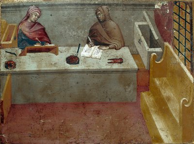 Representation av en kamerlingvist, assistent till en kopist Anonym målning på trä av en Biccherna (omslag till Sienas redovisningsregister) 1388. Siena Archivio di Stato, Italien av Italian School