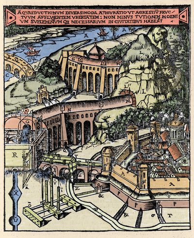 Representation av en akvedukt. Coloree gravyr från "" De Architectura"" av Vitruva (1:a århundradet f.Kr.) - Upplaga av Gottardo da Ponte, Come av Italian School
