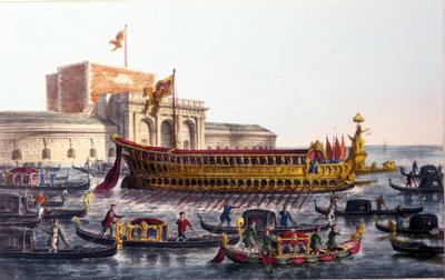 Representation av Bucentaur. (Bucentoro) På Kristi himmelsfärdsdag korsade dogen Venedigs lagun för att nå mynningen av det öppna havet ombord på ett skepp som heter Bucentaur. av Italian School