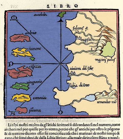 Representation av Kanarieöarna. Isolario (karta över öar) av Benedetto Bordone. Venedig 1547 av Italian School