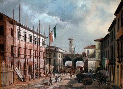 1848 års revolutioner, fem dagar i Milano: försvar av bågen av Porta Nuova den 19 mars (målning av Italian School