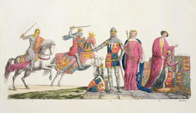 Richard Lejonhjärta, John of Gaunt, Edward III, Joan Plantagenet och Philippa of Hainault, skylt 9 från The History of the Nations (akvatint) av Italian School