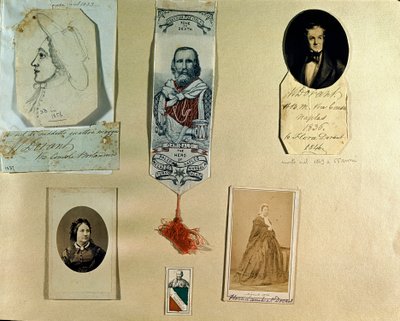 Risorgimento: collage-tavla runt den italienske patrioten Giuseppe Garibaldi (1807-1882). Rom, Risorgimentos museum av Italian School