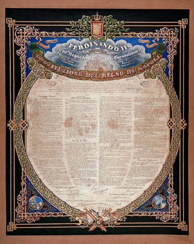 Risorgimento: konstitution proklamerad av kung Ferdinand II av de två Sicilierna (1810-1859) 1847. Neapel, Museo Nazionale di San Martino Italien av Italian School