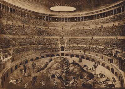 Roma / Rom: Colosseums interiör, Jakten på mässorna, historisk rekonstruktion (litografi) av Italian School
