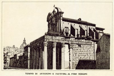 Rom: Antoninus och Faustinas tempel vid Forum Romanum (litho) av Italian School