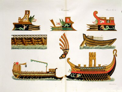 Romerska skepp med detaljer om galjonsfigurer, skylt 23, klass 5 från del I av Nationernas historia, graverad av Simonetti (akvatint) av Italian School
