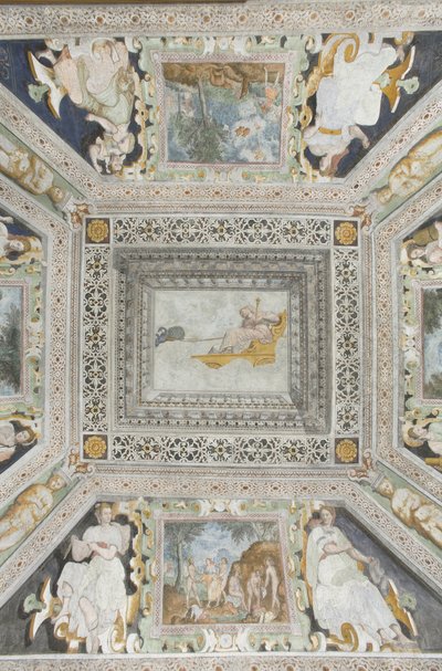 Room of Juno: Juno på en vagn dragen av två påfåglar som tittar på sin mans svek av Italian School