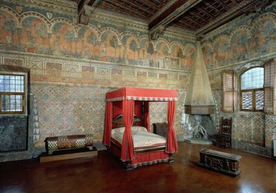 Rum i Castellana di Vergi som visar fresker på väggarna och frisen som visar en medeltida fransk romans av Italian School