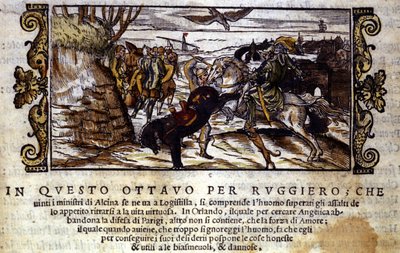 Ruggiero lyckas fly från ön Alcina och räddar senare Angelica från orken - Scen för den ridderliga dikten "Orlando Furioso" av Ludovico Ariosto av Italian School