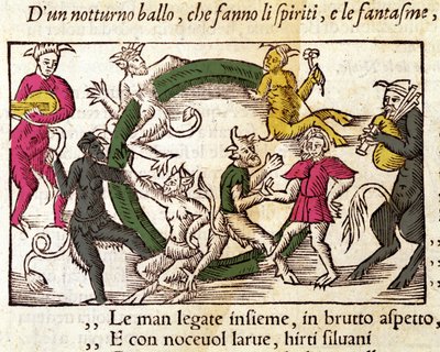 Sabbatsceremoni med häxor. Gravyr av Olaus Magnus (1490 - 1557), svensk religiös och geograf, "History of the Northern Nation", Venedig av Italian School