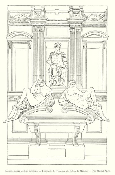 Ny sakristia i San Lorenzo, Ensemble av Giuliano de Medicis grav, av Michelangelo (gravyr) av Italian School