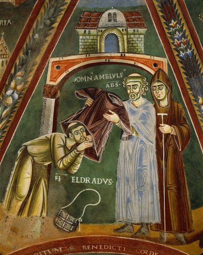 Saint Heldrad återvänder från Santiago de Compostela, i kapellet Sts. Heldrad och Nicholas (fresk) av Italian School