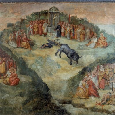 Den helige Hippolytus kastar det tonande som gavs till honom av Pontifex Battistellus för att offra till Jupiter, detalj av målningen av den helige Hippolytus och hans följeslagares martyrskap av Italian School