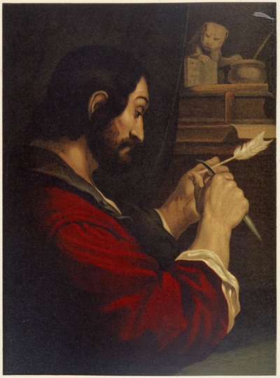 Sankt Markus snidar en penna - i "Klassisk gyllene bibel: historia om gudomlig uppenbarelse i den gamla och nya strävan" "av Giovanni Ladislao Sykora (vol. 2), översatt av Don Clemente Benetti. (Italiensk bibel) av Italian School