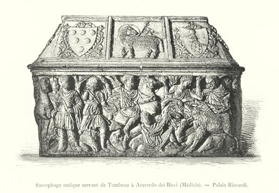 Forntida sarkofag som fungerar som Averardo dei Biccis grav, Medicis, Riccardi-palatset (gravyr) av Italian School