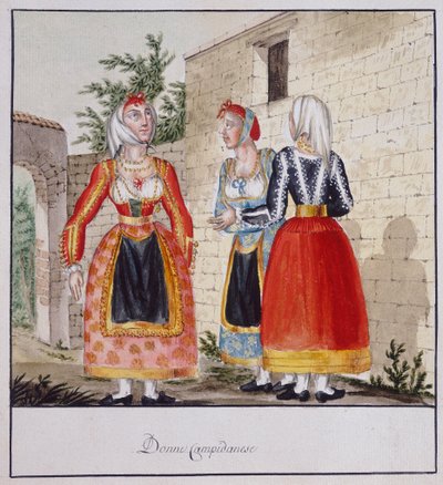 Sardinska kvinnor i kostymer från Campidano, tryckt ms.258, Luzzetti Collection av Italian School