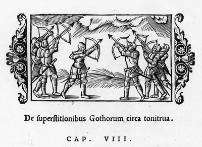 Skandinaver använder sina pilar för att avvärja åskan, från Historia de Gentibus Septentrionalibus av Olaus Magnus (1490-1557) publicerad i Rom, 1555 av Italian School