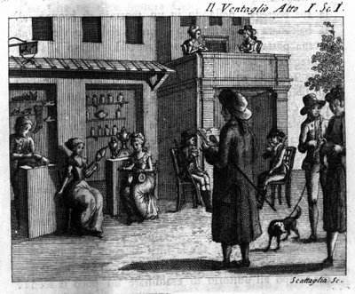 Scen 1 i akt I av det komiska stycket "" Il ventaglio"" (The eventel) (1764) av Carlo Goldoni (1707-1793). Gravyr av 1700-talet av Italian School