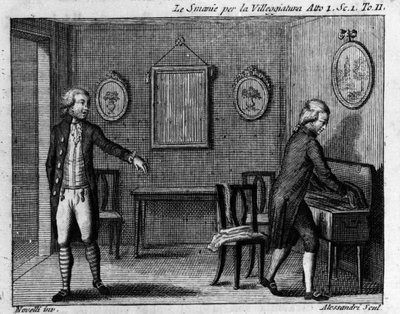 Scen 1 i akt I av det komiska stycket "" Le smanie per la villeggiatura"" (La ville) (1761) av Carlo Goldoni (1707-1793). Gravyr av 1700-talet. av Italian School